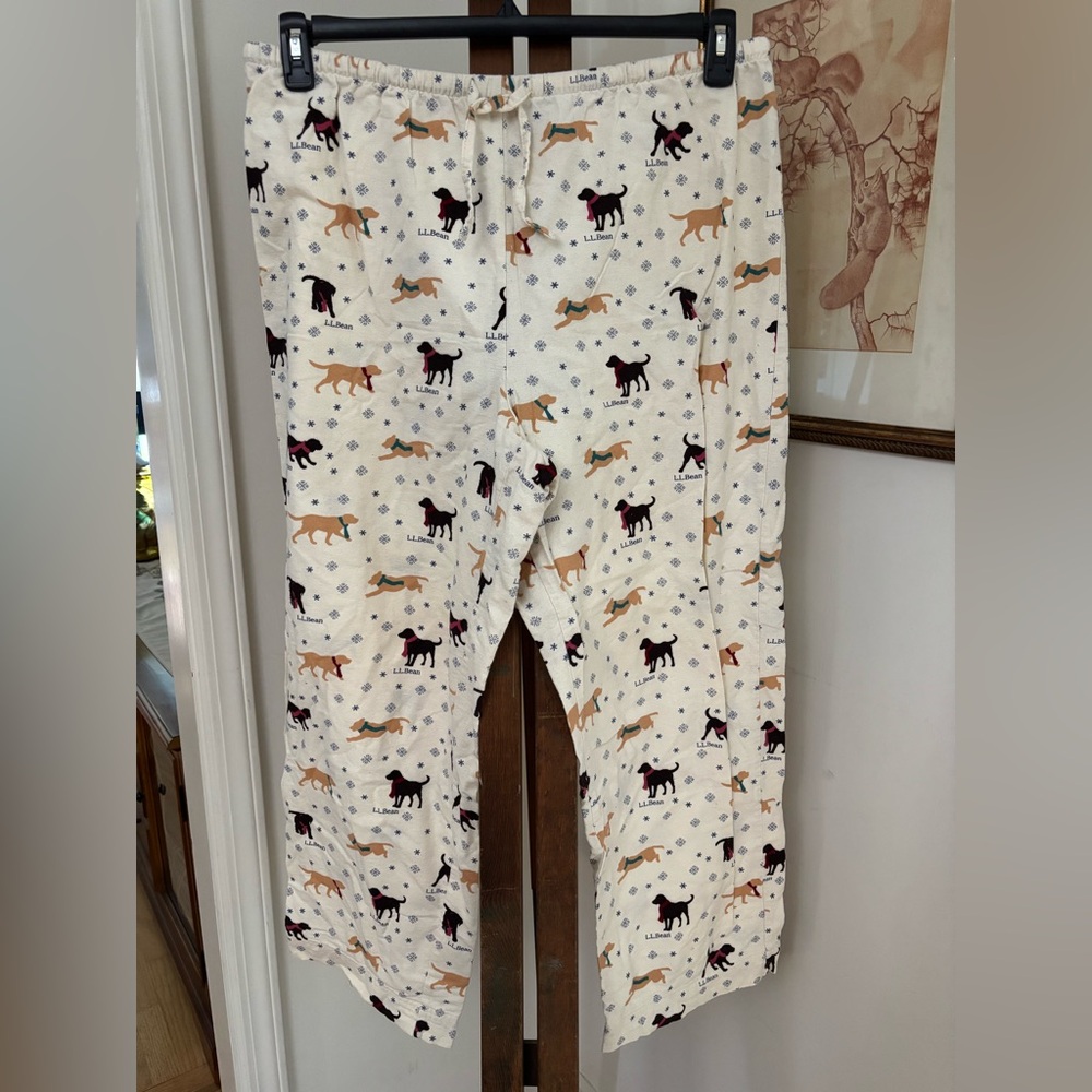 L.L.Bean Flannel Women’s Lounge Pants with Dog Print - Cream Size XL